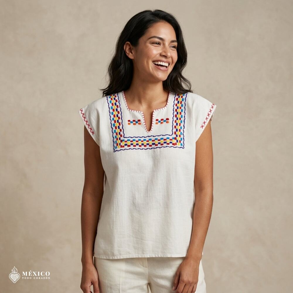 Traditional Mexican Huipil Blouse – Handmade Embroidered Manta Top